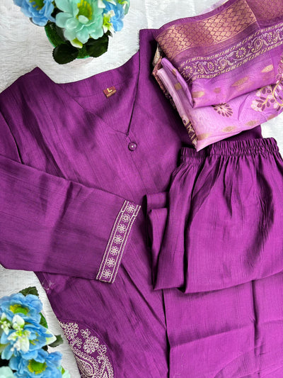Purple Elegant 3-Piece Kurta Set with Dupatta – Umbrella Flare, Tummy Friendly Fit