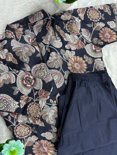 Floral Navy Blue Kurti Set – Elegant & Tummy Friendly